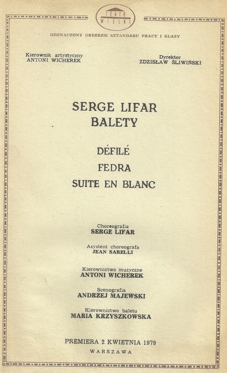 Balety Serge Lifara - wkładka obsadowa - premiera: Teatr Wielki w Warszawie, 2 kwietnia 1978