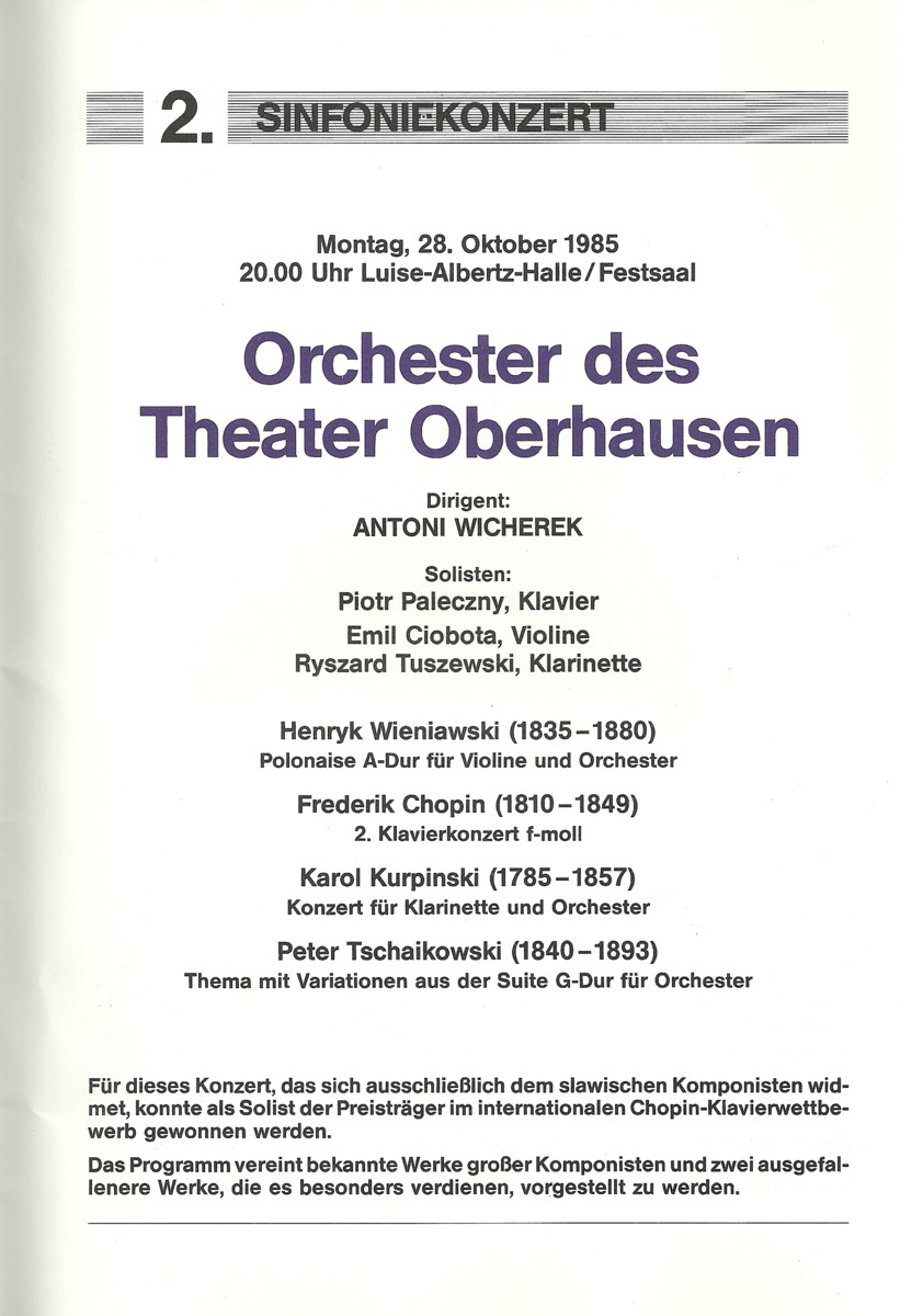 Koncert - program - Oberhausen, 28 października 1985