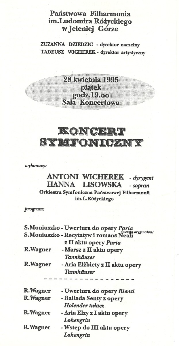 Koncert 28 kwietnia 1995 - Filharmonia im. Ludomira Różyckiego w Jeleniej Górze - program